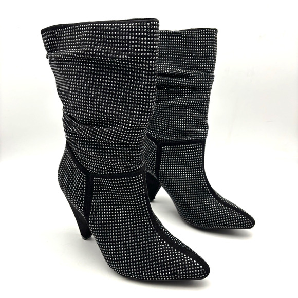 Vintage Y2K Report 'CASI' Black Faux Suede Rhinestone Block Heel Slouchy Boots 6 - Picture 3 of 15